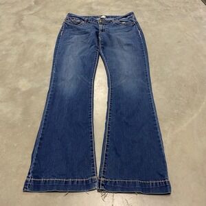 Cache Women's Size 12 Blue Denim Flare Jeans Embellished Pockets